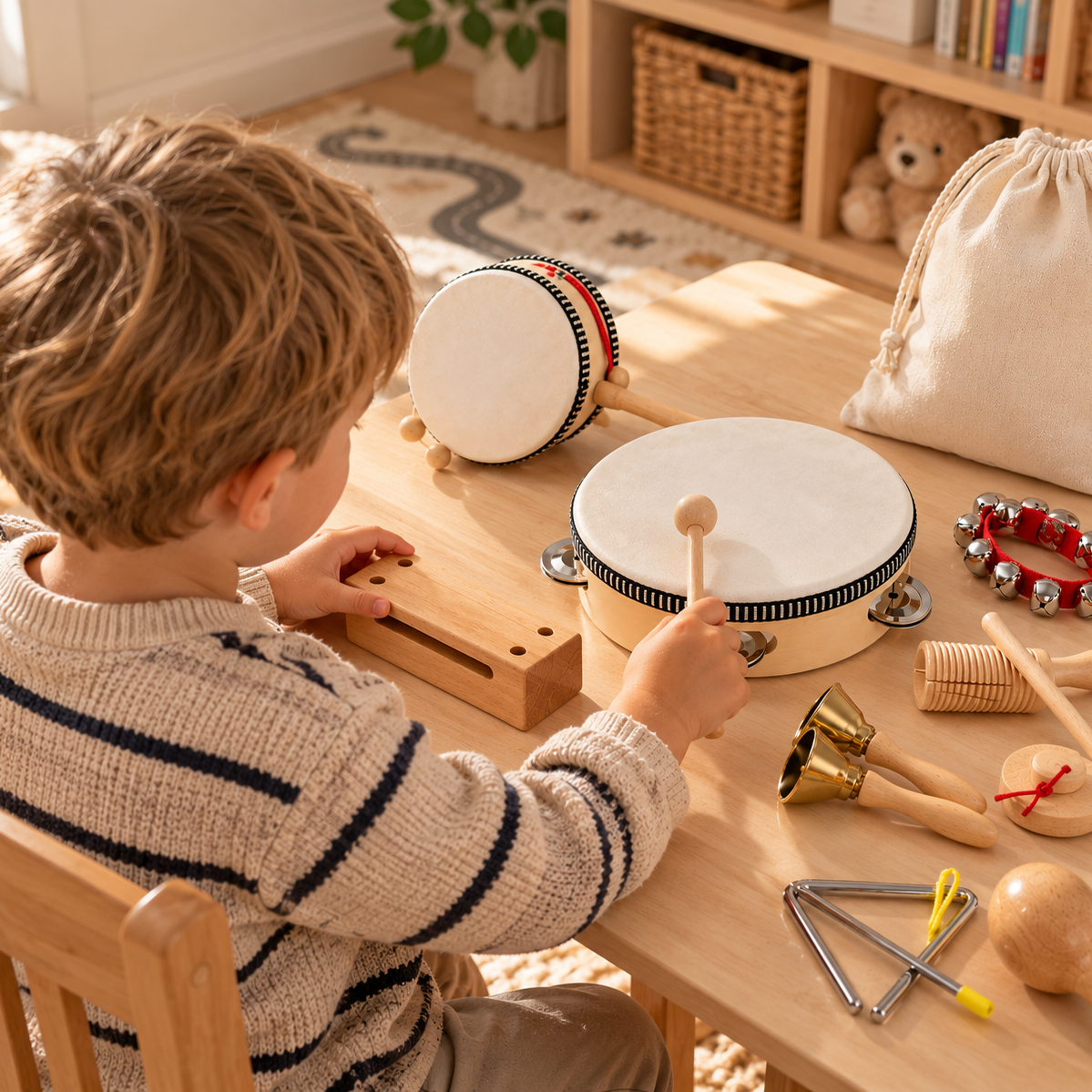 Pojke spelar på tamburin med musikinstrument i trä på bordet