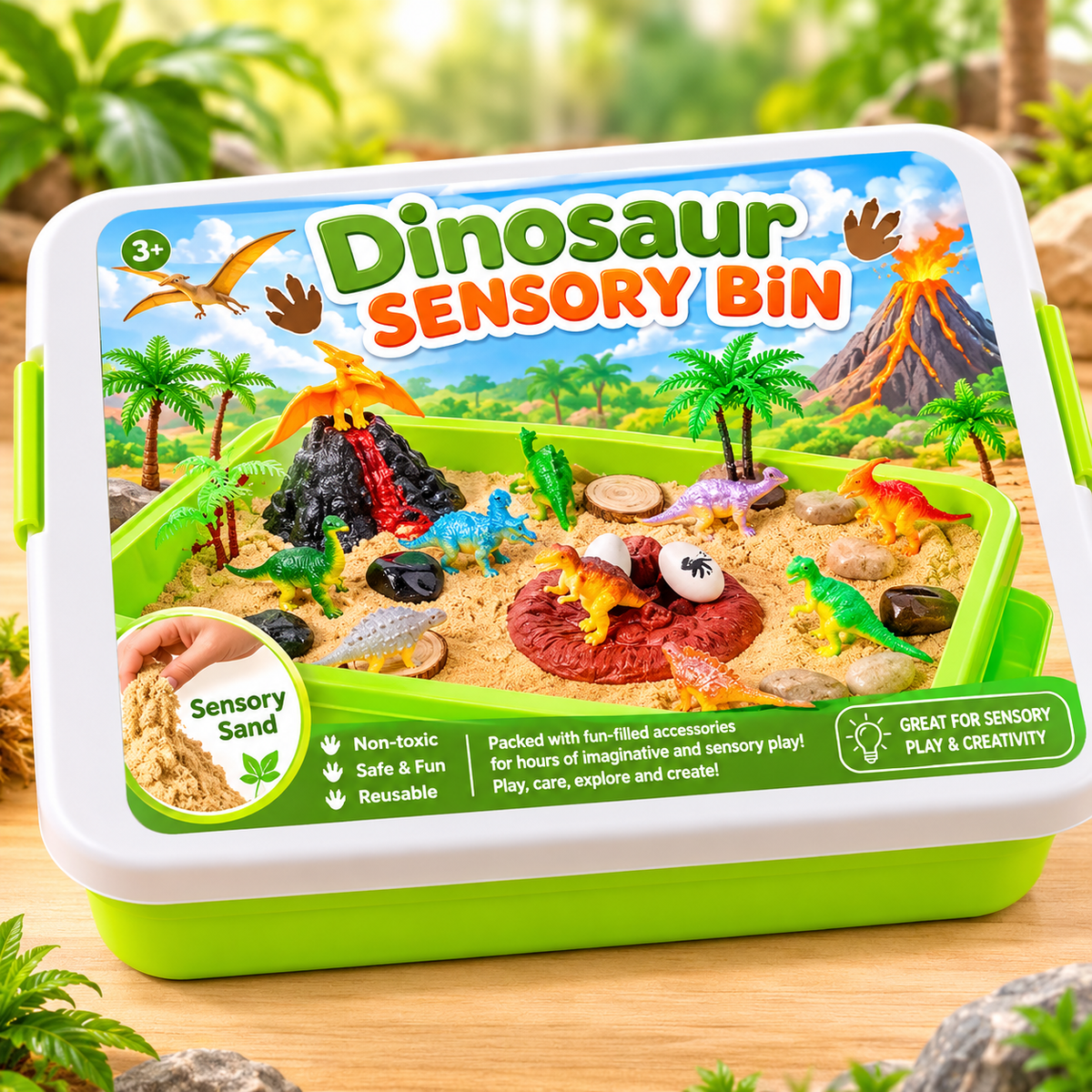 Sensorisk leklåda Dinosaurier – färgglatt leksaksset
