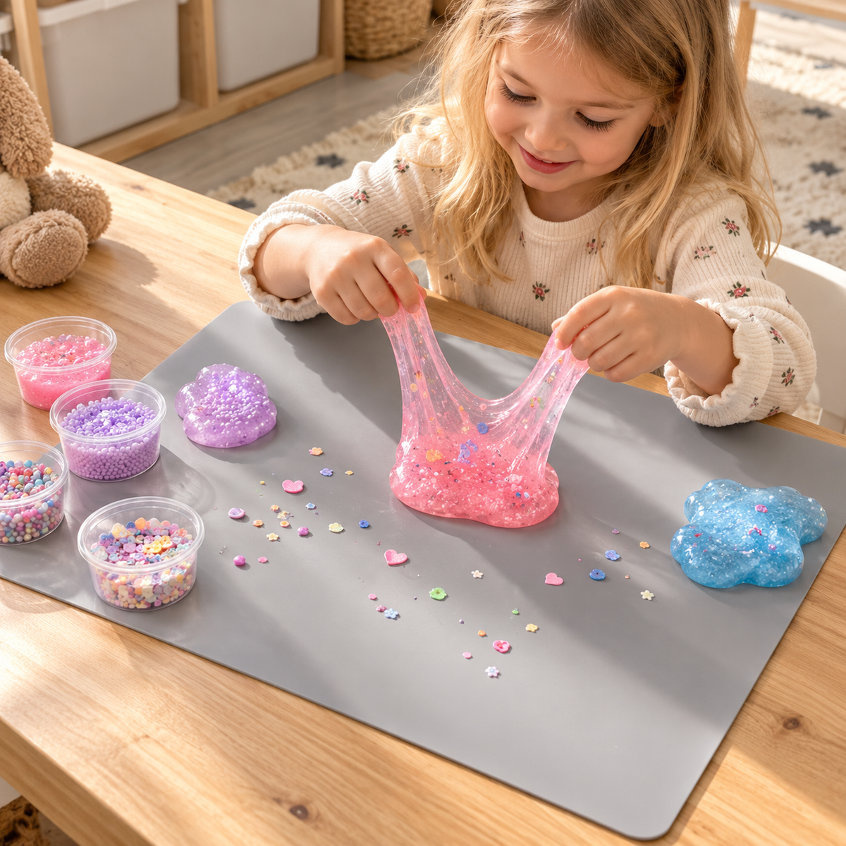 Flicka gör glittrig rosa slime på silikonmatta