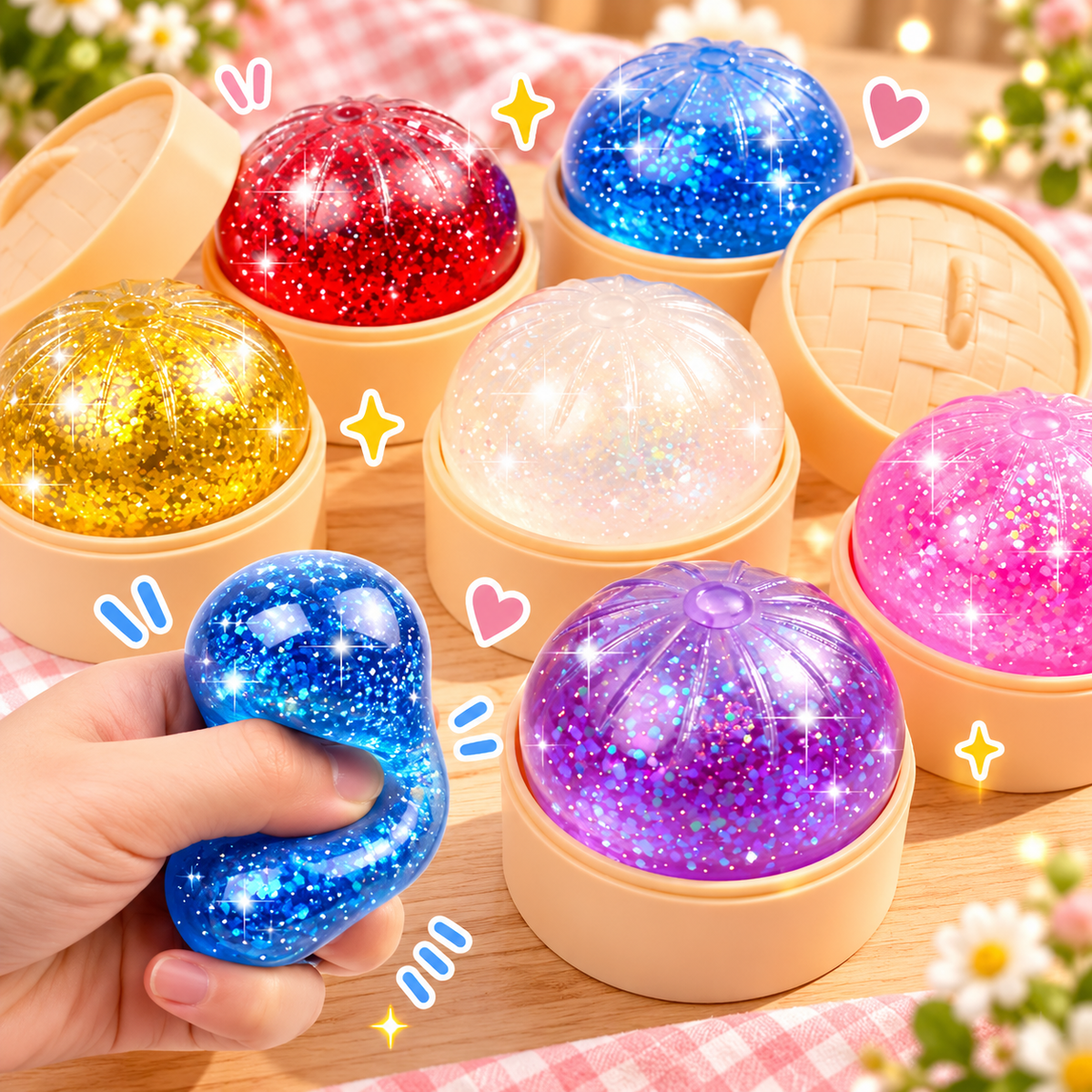 Squishy dumplings med glitter i pastellfärgade burkar