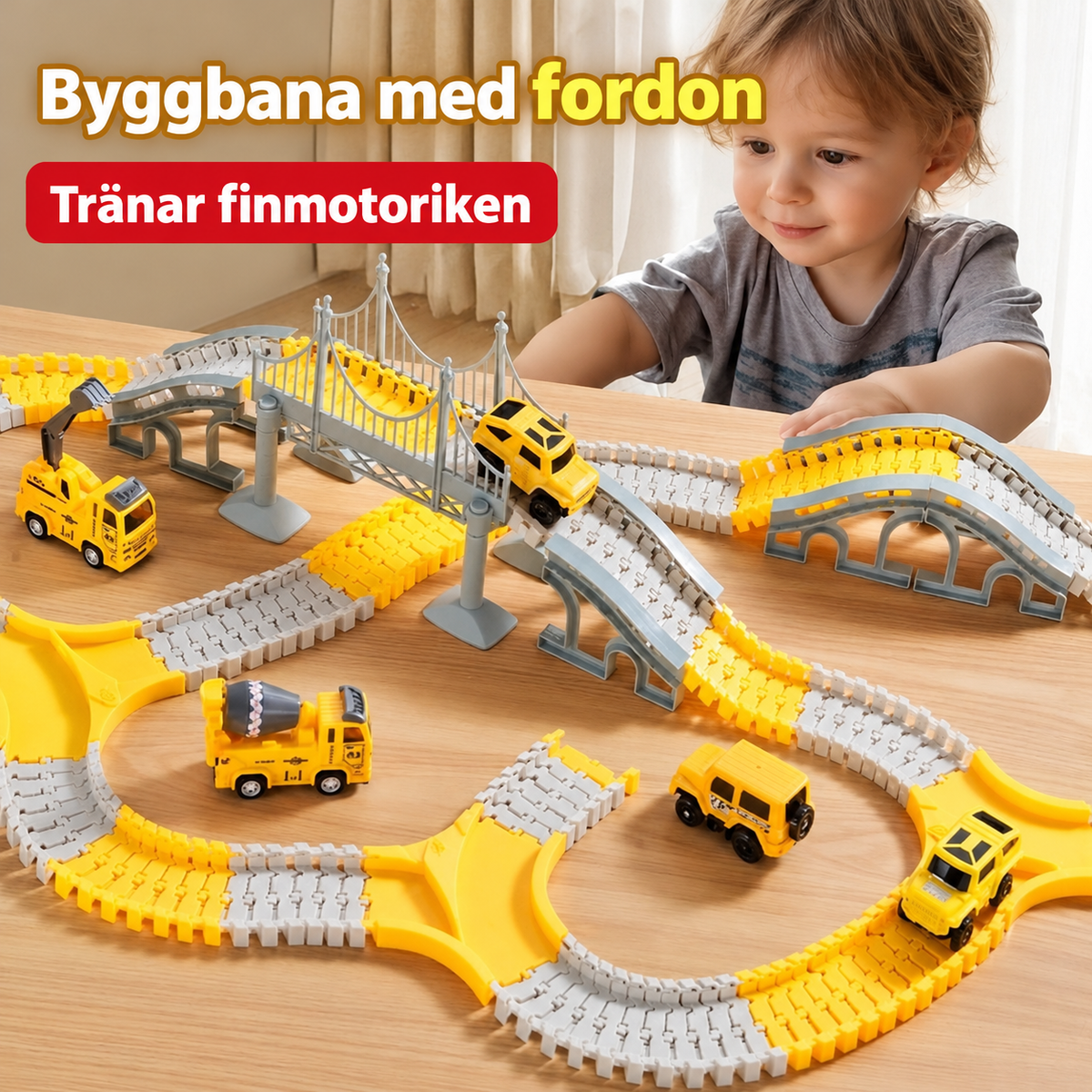 Bilbana för barn med elbilar och byggfordon