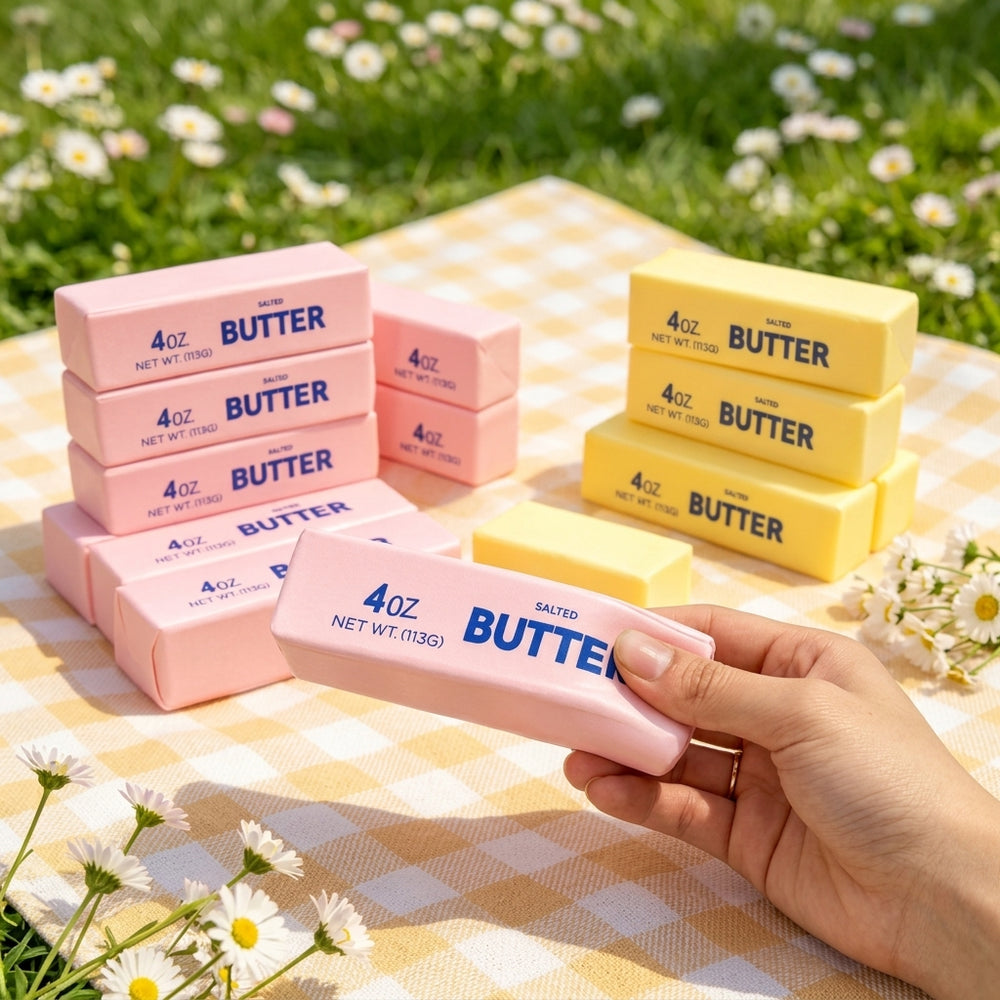 Butter squishy i rosa och gult på picknickfilt