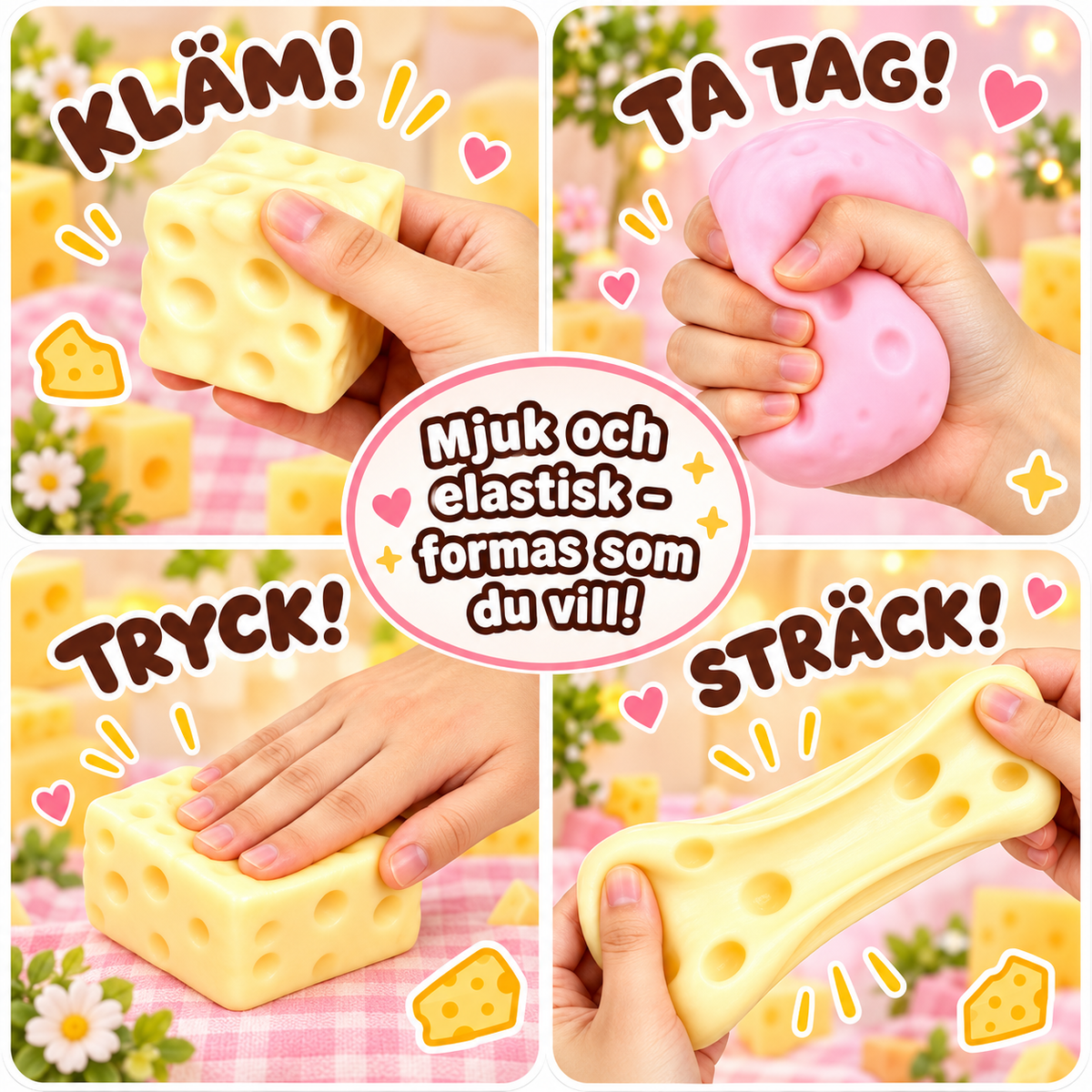 Cheese squishy som kläms, trycks och sträcks