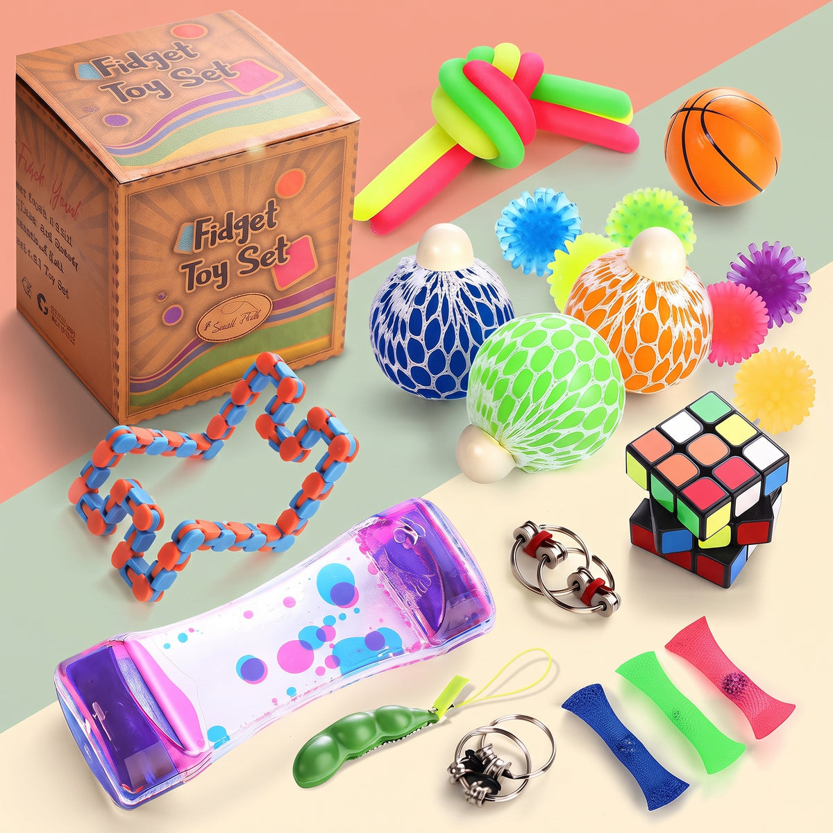 Fidget storpack för barn med stressbollar, kub och fidgetleksaker