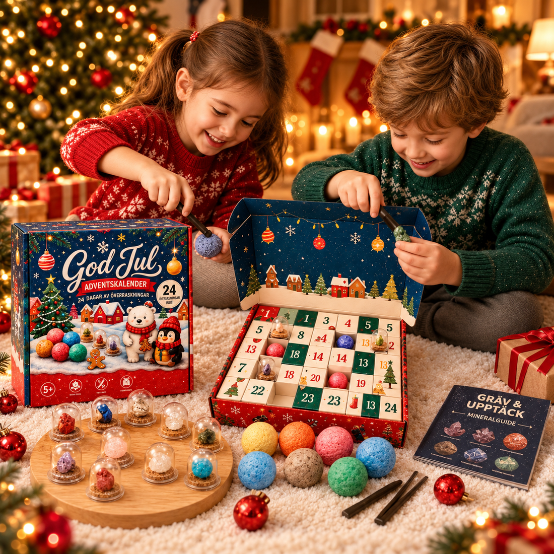 Barn med kristall-adventskalender och mineraler