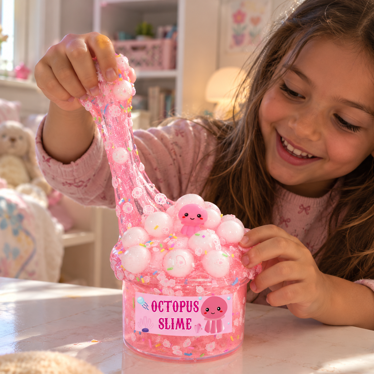 Flicka drar i rosa kristallslime med bläckfiskfigur