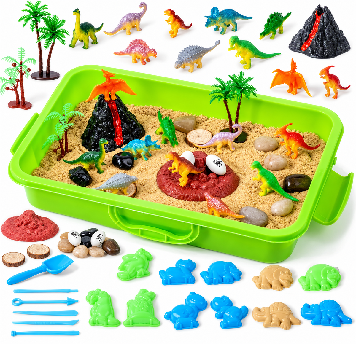 Dinosaurielåda med sand och färgglada tillbehör