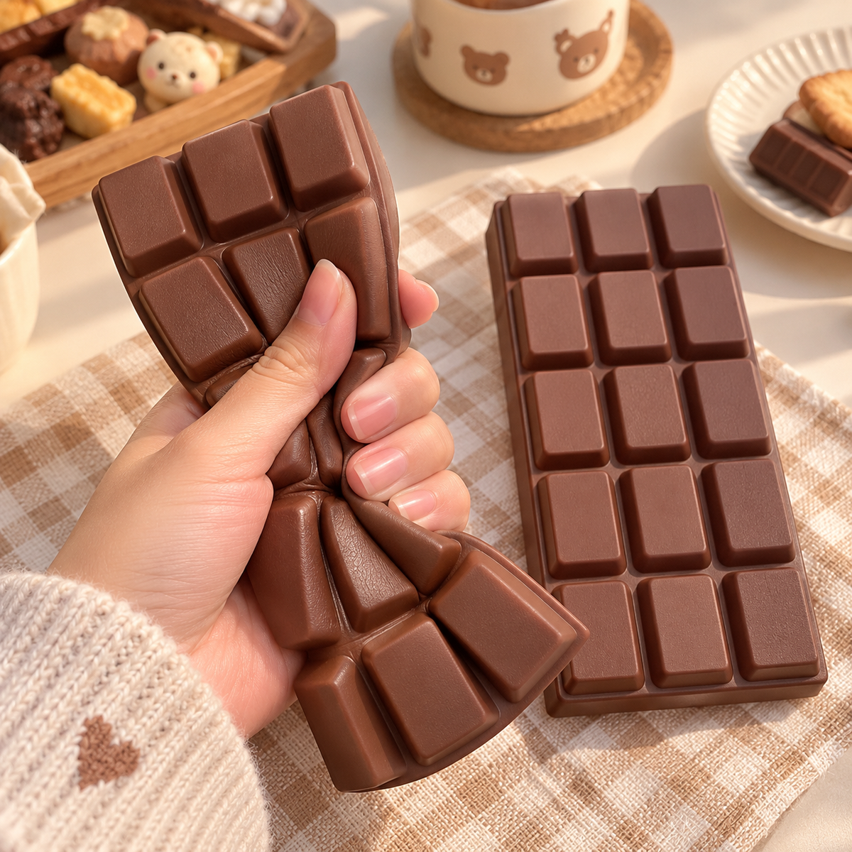 Brun squishy-choklad som kläms i handen