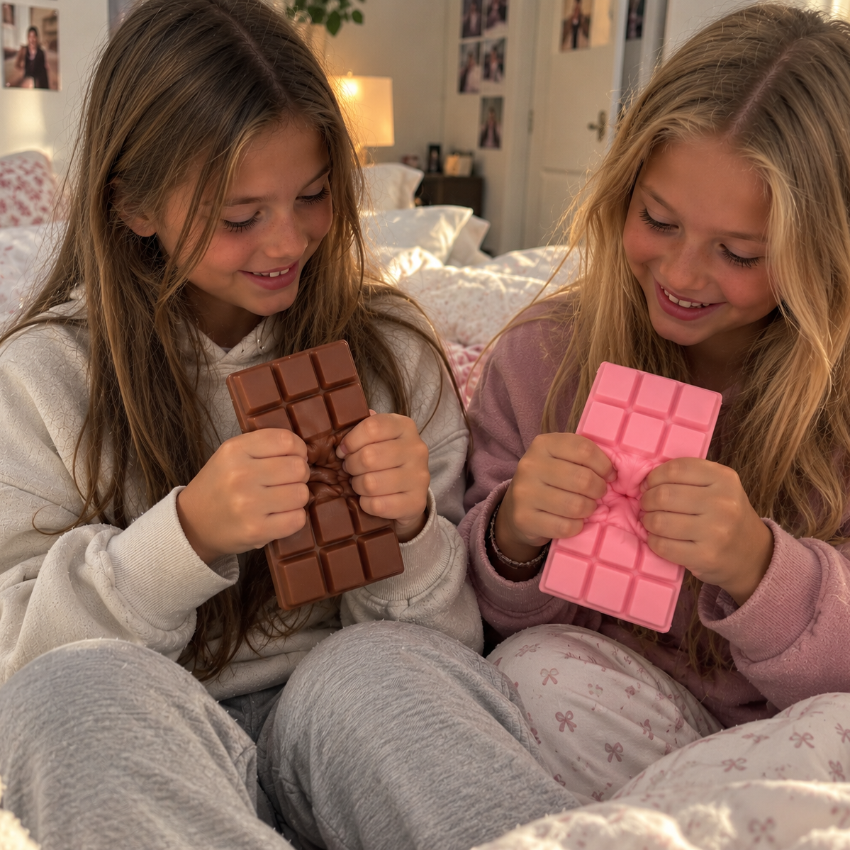 Två flickor klämmer på squishy-choklad i brunt och rosa