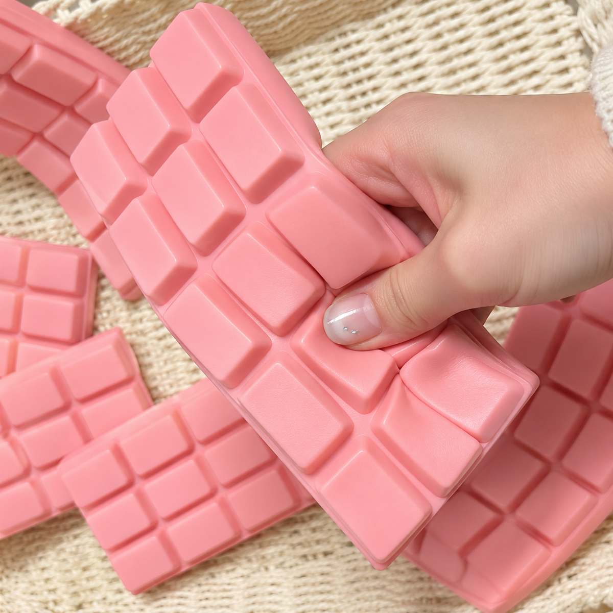 Rosa squishy-choklad som kläms i handen