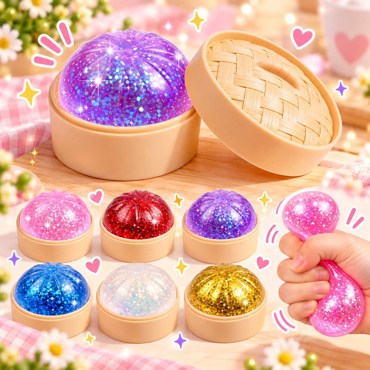 Squishy dumplings 6-pack med glitterfrukt