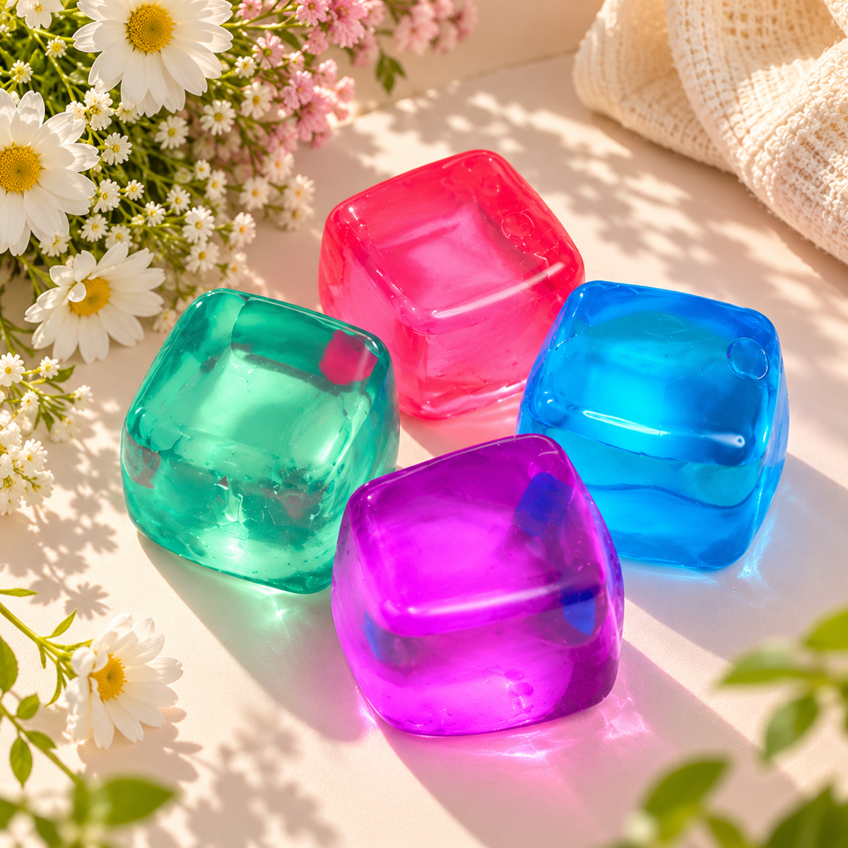 Squishy-isbitar i flera färger bland vårblommor