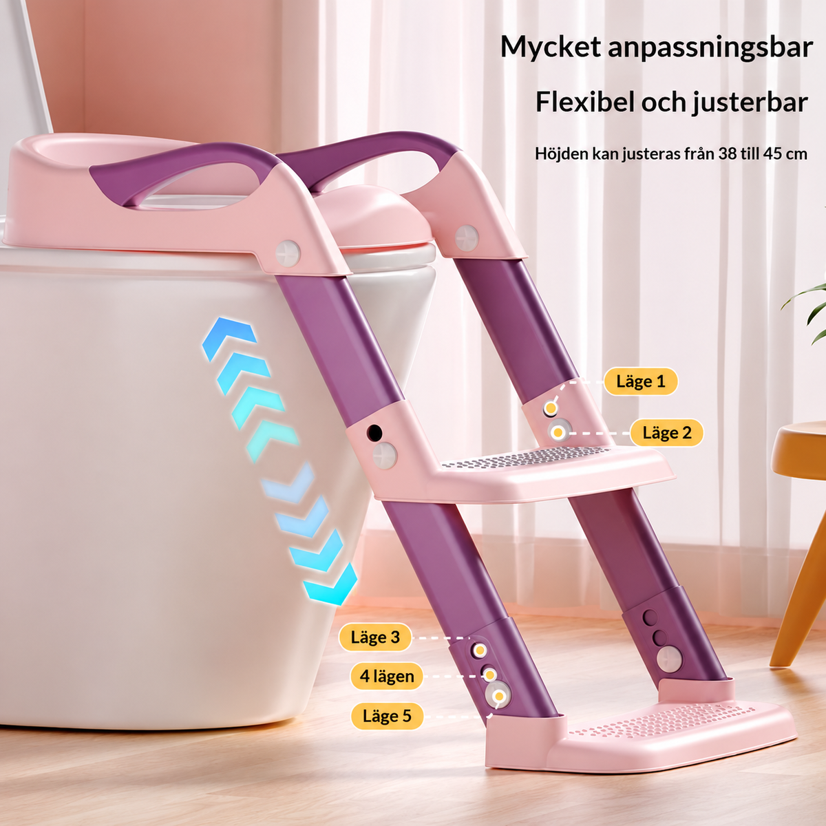 Justerbar rosa toalettstege för barn